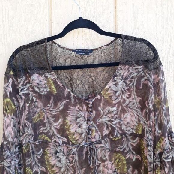 BCBGMaxAzria Top Sheer Silk Botanical Peasant Balloon Sleeve Brown Pink Sz S - Picture 6 of 13